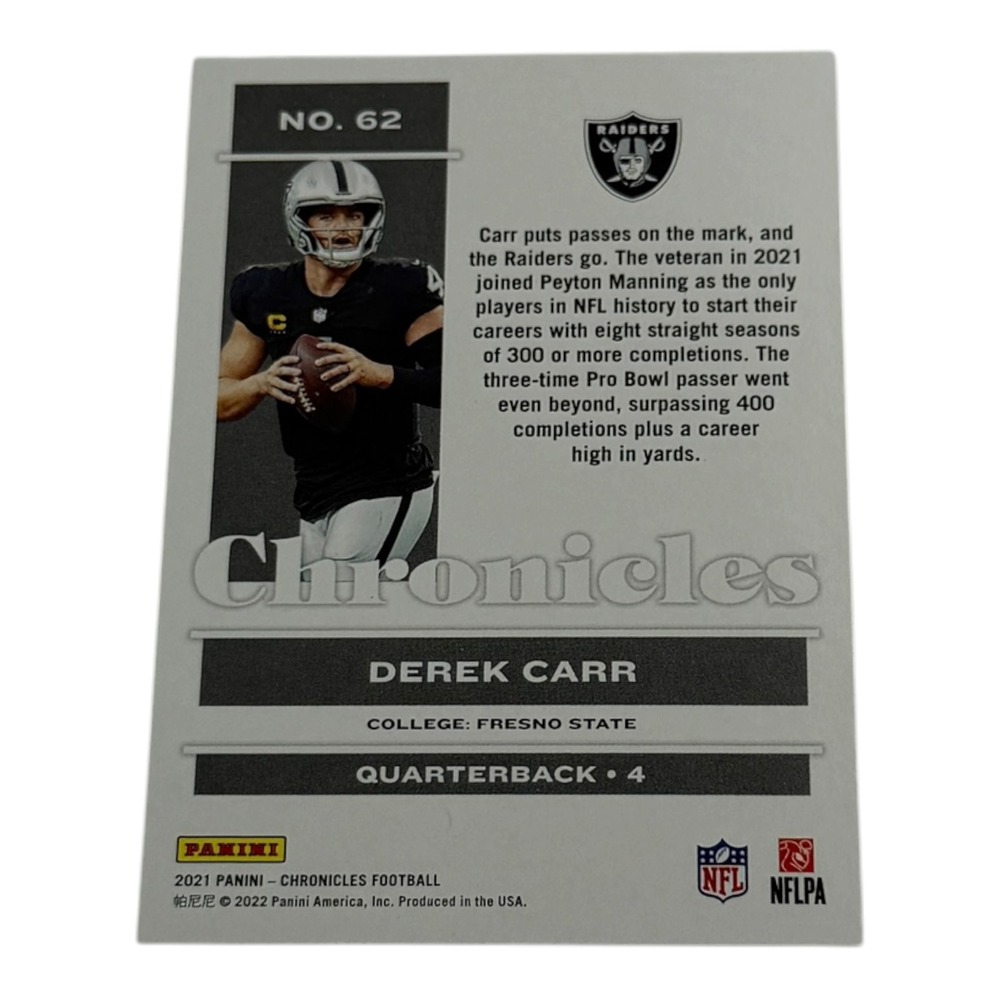 2021 Panini Chronicles Football Derek Carr Las Vegas Raiders‎ No 62 Card QB - Picture 2 of 2
